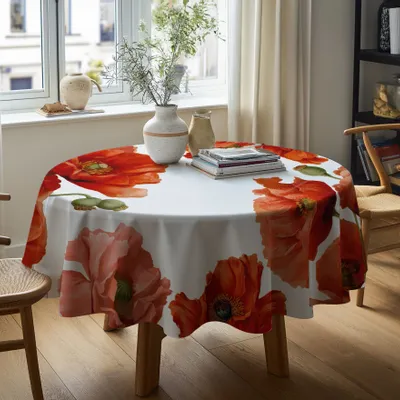 Linge de table textile - Nappe ronde à imprimé floral – 100 % lin – coquelicots rouges - NORAVILLA