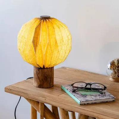 Table lamps - ERIS – Small round linen and mango wood table lamp - HYDILE