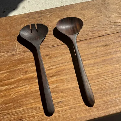 Cutlery set - Pair of salad cutlery or cooking utensils in blackened teak L30 - OFFICE OBJETS