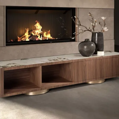 TV stands - TV unit in walnut, polished gold steel and porcelain marble top - ANGEL CERDÁ