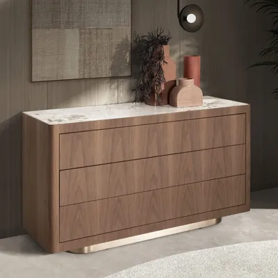 Chests of drawers - Chest of drawers in walnut, polished gold steel and porcelain marble top - ANGEL CERDÁ