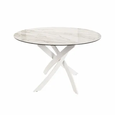 Tables Salle à Manger - Table à manger ronde en marbre céramique et acier blanc - ANGEL CERDÁ