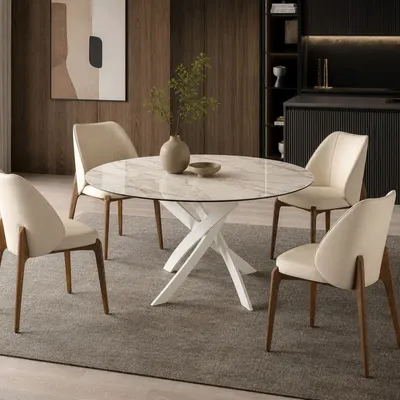 Tables Salle à Manger - Table à manger ronde en marbre céramique et acier blanc - ANGEL CERDÁ