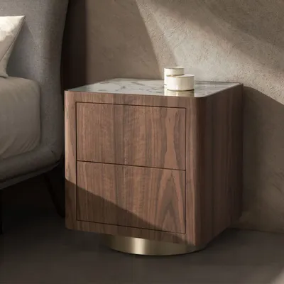Night tables - Bedside table in walnut, polished gold steel and porcelain marble top - ANGEL CERDÁ
