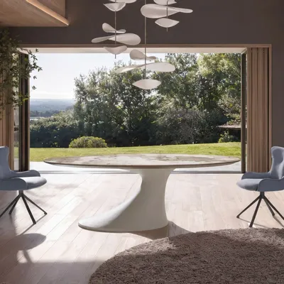 Dining Tables - Oval dining table in porcelain marble and sand-coloured epoxy fiberglass - ANGEL CERDÁ