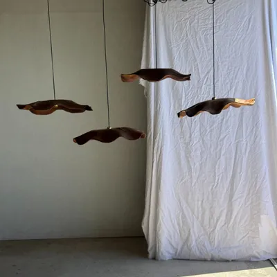 Hanging lights - Very large wavy flat leaf suspension in teak smooth flower D: 60 - OFFICE OBJETS