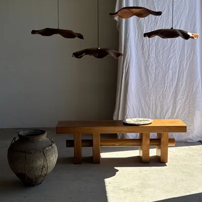 Hanging lights - Very large wavy flat leaf suspension in teak smooth flower D: 60 - OFFICE OBJETS