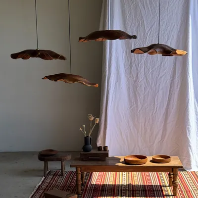 Hanging lights - Very large wavy flat leaf suspension in teak flower streaks D: 60 - OFFICE OBJETS