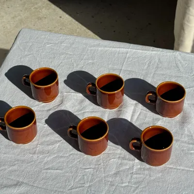Mugs - Set of 6 vintage glazed brown ceramic espresso cups with saucer - OFFICE OBJETS