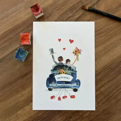 Card shop - Postcard Vive Les Mariés en Voiture Bleue - POP ET SES FRÈRES