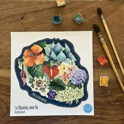 Papeterie - Sticker - L'Île Aux Fleurs Sur Fond Bleu - POP ET SES FRÈRES