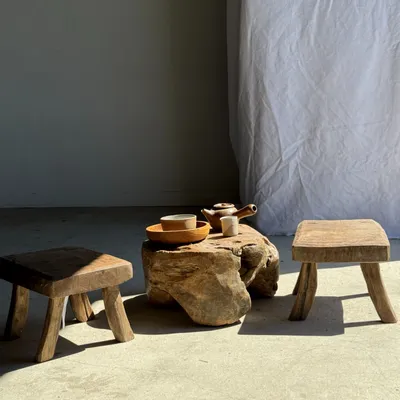 Stools - Small stool, rectangular wabi-sabi solid teak side stool - OFFICE OBJETS