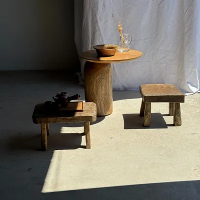 Stools - Small stool, square solid teak side stool with curved seat - OFFICE OBJETS