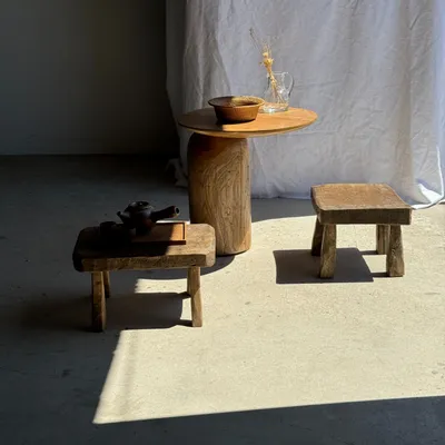Stools - Small stool, square solid teak side stool with curved seat - OFFICE OBJETS