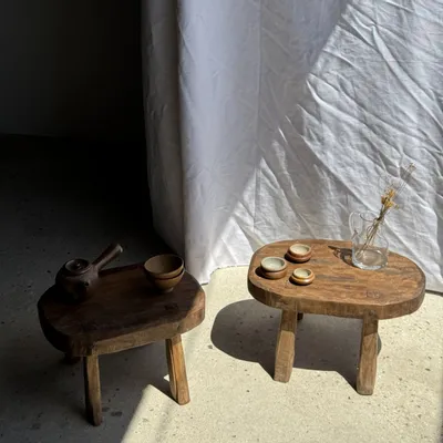 Tabourets - Petit stool, tabouret d'appoint en teck massif ovale assise bicolore - OFFICE OBJETS