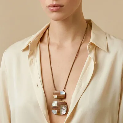 Bijoux - Collier long pendentif 2 éléments bambou & nacre - Kamakura - NATURE BIJOUX