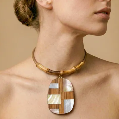 Bijoux - Collier gros pendentif bambou & nacre - Kamakura - NATURE BIJOUX