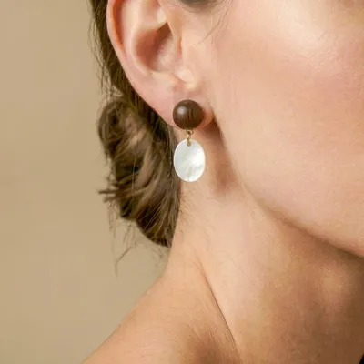 Bijoux - Boucles d'oreilles poussoir top bois pampille nacre - Oman - NATURE BIJOUX