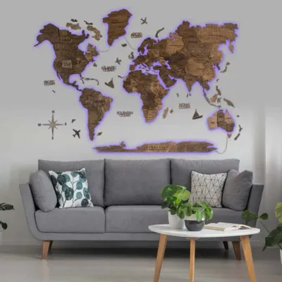 Autres décorations murales - Carte du Monde en Bois 3D LED 3.0 Prime Noyer Foncé L USA Droite - ENJOY THE WOOD