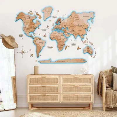 Autres décorations murales - Carte du Monde en Bois 3D LED 3.0 Prime Or 3XL USA Droite - ENJOY THE WOOD