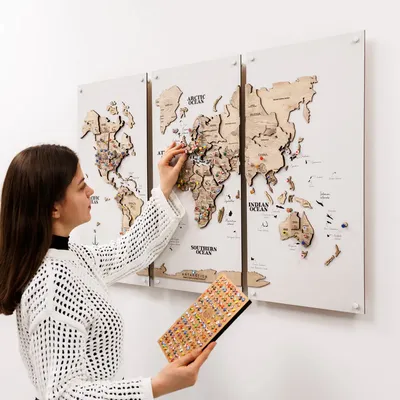 Objets de décoration - Carte du monde en bois 3D triptyque sans cadre – Terra M Blanc laiteux - ENJOY THE WOOD