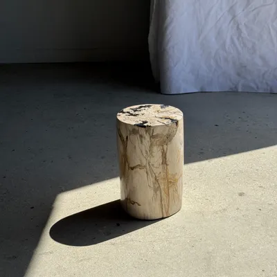 Autres tables  - Petite table d'appoint en bois pétrifié blanche incrustée de noir H28 - OFFICE OBJETS