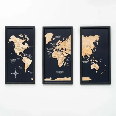 Autres décorations murales - Carte du monde 3D en bois triptyque doré L, cadre noir - ENJOY THE WOOD