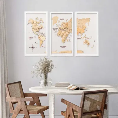Autres décorations murales - Carte du monde 3D en bois triptyque doré L, style océan - ENJOY THE WOOD