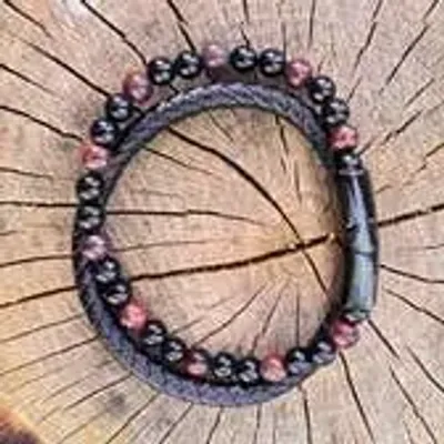 Bracelets - BRACELET CUIR NOIR AVEC OEIL DE TAUREAU ET ONYX - JOLIE JULIE
