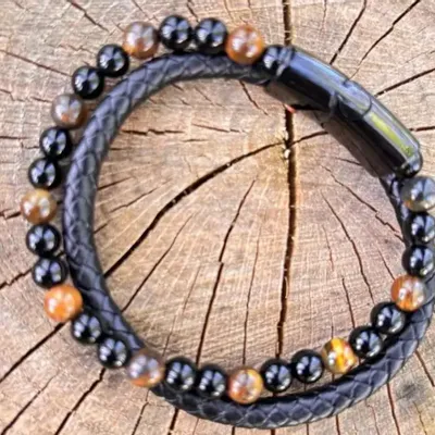 Bracelets - BRACELET CUIR NOIR AVEC OEIL DE TIGRE ET ONYX - JOLIE JULIE