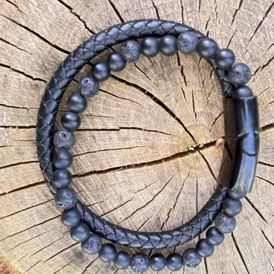 Bracelets - BRACELET CUIR NOIR AVEC PIERRE DE LAVE ET SHUNGITE - JOLIE JULIE