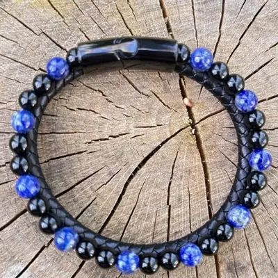 Bracelets - BRACELET CUIR NOIR AVEC PIERRE LAPIS LAZULI ET ONYX - JOLIE JULIE