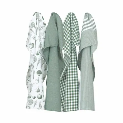 Torchons textile - Torchon de cuisine recyclé LINNEA, 4 motifs , Blanc/Vert 50x70cm - BY WILLE