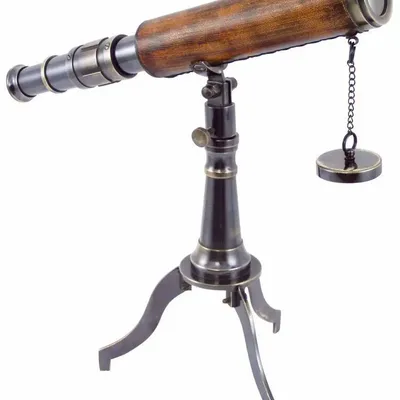 Decorative objects - Antique brass telescope with old leather, on tripod stand, magnification x2,5, L. 10"1/4 x H 9"7/8 - TRADE WINDS
