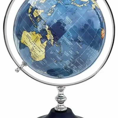 Objets de décoration - Globe terrestre diam 20 cm dans cercle nickelé, pied bois, H : 30 cm - TRADE WINDS