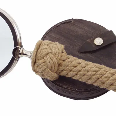 Autres fournitures bureau  - Loupe, laiton nickelé, manche cordage, diam.10 cm, L. 30 cm (livrée av étui cuir ) - TRADE WINDS