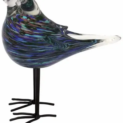 Objets de décoration - Oiseau bleu strié en verre pailleté vert sur pieds, H : 17,5 cm - TRADE WINDS