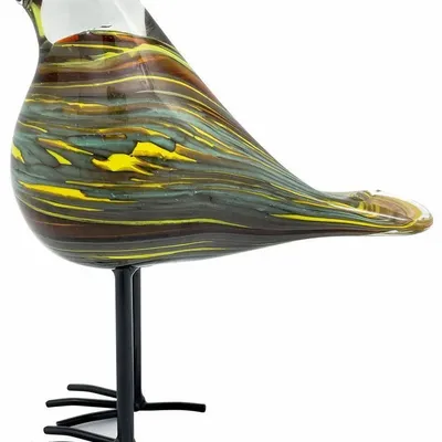 Objets de décoration - Oiseau jaune ambre et bleu en verre sur pieds, H : 13 cm - TRADE WINDS