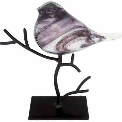 Objets de décoration - Oiseau violet en verre pailleté dore sur branche métal, H : 26 cm - TRADE WINDS