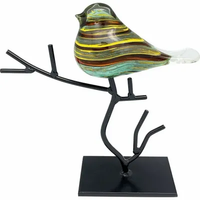 Objets de décoration - Oiseau jaune ambre et bleu en verre sur branche métal, H : 26 cm - TRADE WINDS