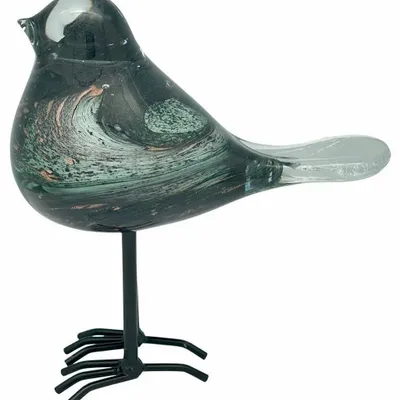 Objets de décoration - Oiseau vert et anthracite pailleté dore en verre sur pieds, H : 18 cm - TRADE WINDS