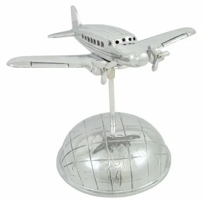 Decorative objects - 2 propellers plane on half globe, in aluminium, nickel finish, H. 11" - TRADE WINDS