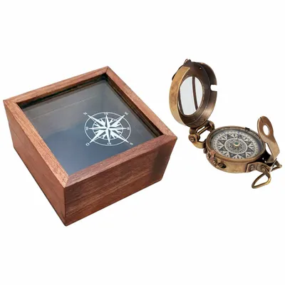 Decorative objects - Engineer compass antic finish in wooden box, diam. 2"1/6 - TRADE WINDS