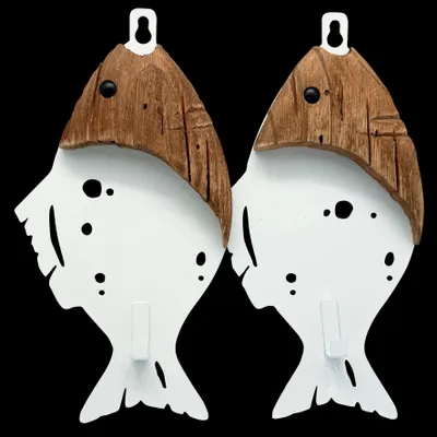 Other wall decoration - Double hook fish in white métal and wood, L.8" x H. 9" - TRADE WINDS