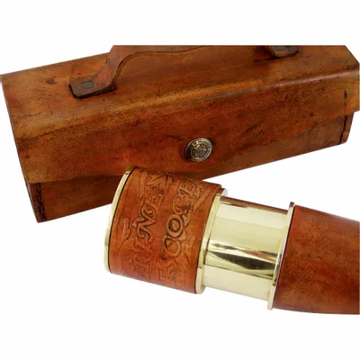Objets de décoration - Longue-vue laiton brillant en cuir ds étui cuir, grossissement x 5, L. 46 cm (pliée 17 cm) - TRADE WINDS