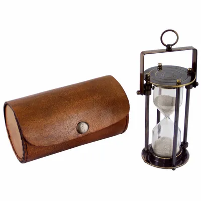Decorative objects - Hourglass with leather pouch, antic brass finish, H. 3"3/4 - TRADE WINDS