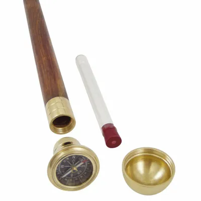 Objets de décoration - Canne de marche en bois av pommeau en L, équipée d'1 boussole et fiole secrète - H. 91 cm - TRADE WINDS