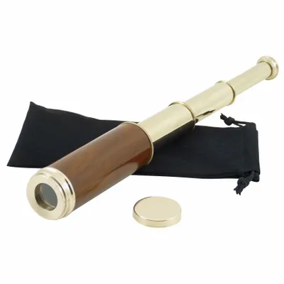 Decorative objects - Shiny brass telescope with wood, magnification x3, with velvet pouch, L. 14'' - TRADE WINDS