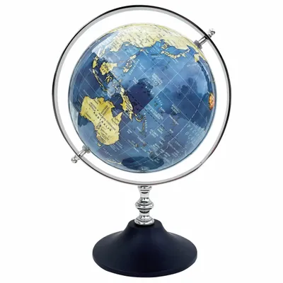 Objets de décoration - Globe terrestre diam 20 cm dans cercle nickelé, pied bois, H : 30 cm - TRADE WINDS