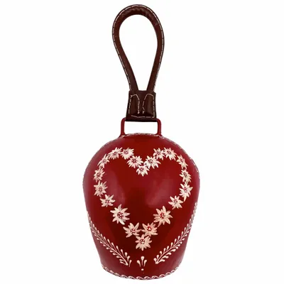 Objets de décoration - Cloche métal coeur Edelweiss rouge attache cuir 17 x 17 cm - TRADE WINDS